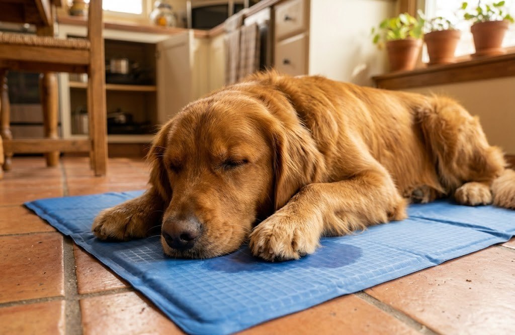Charlie on a cooling mat