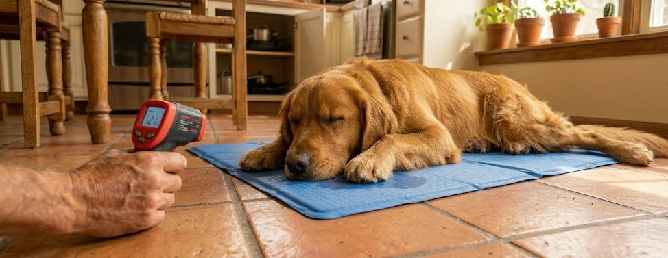Charlie's Green Pet Shop cooling mat with a thermometer reading during testing